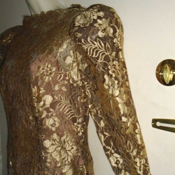 Vintage Rare Formal Gold Brown Lace Lined Dress - Picture 1 of 8